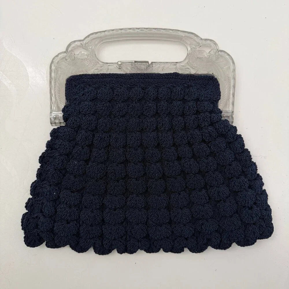 VINTAGE 30s Popcorn Crochet Navy Blue Peacock Handle Evening Bag